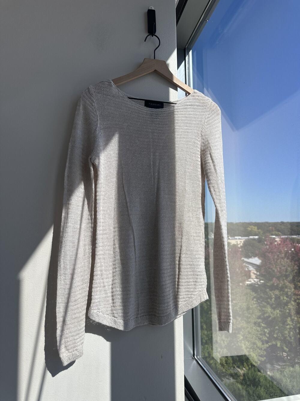 Tahari 100% Linen Cable Knit Long Sleeve Coastal Sweater Scoop Neck Beige Sz M